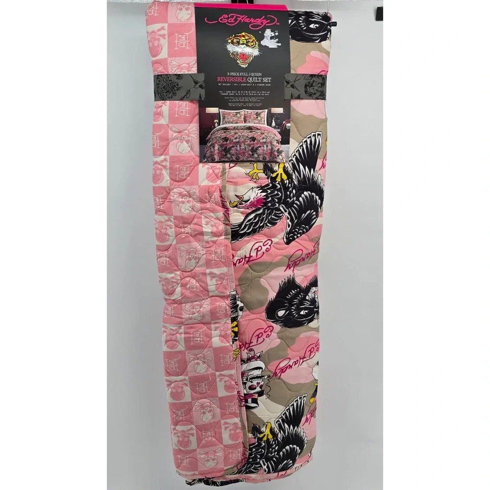 Ed Hardy Pink Camo Skull Tattoo 3pc Reversible Quilt Set Full Queen New